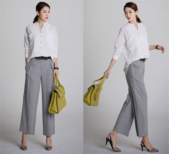 Chỉn chu hơn, bạn có thể diện quần ống rộng với áo sơ mi. Sơ vin vạt trước của áo sẽ giúp bạn thêm gọn gàng hơn chốn công sở.