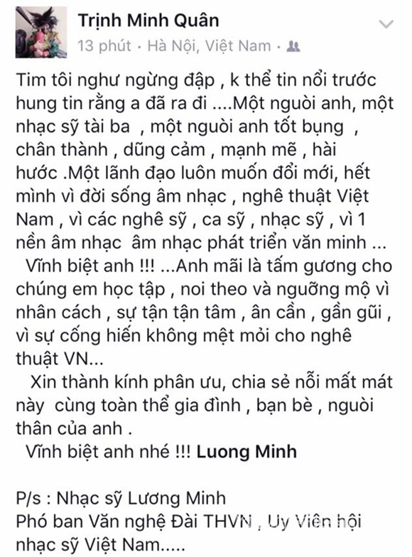 Sao Việt khóc thương nhạc sĩ Lương Minh 0