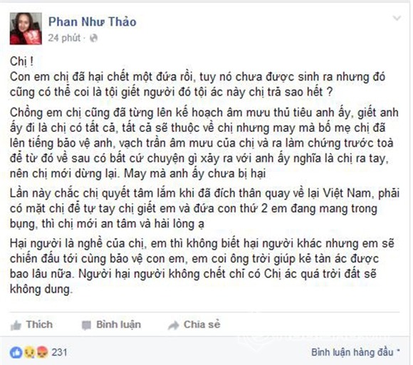 Phan Như Thảo tiếp tục công khai việc con và chồng bị hại 0