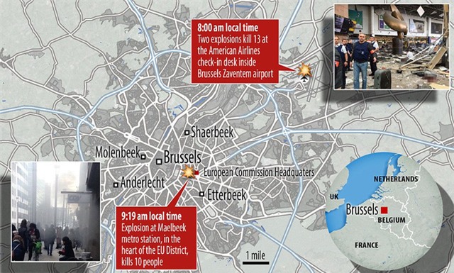 
Các vụ tấn công hôm nay xảy ra tại sân bay Zaventem ở ngoại ô Brussels và ít nhất một ga tàu điện ngầm ở trung tâm thủ đô của Bỉ.
