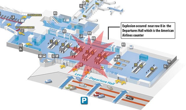 Vụ nổ tại sân bay Zaventem xảy ra tại quầy làm thủ tục của hãng hàng không Mỹ American Airlines.