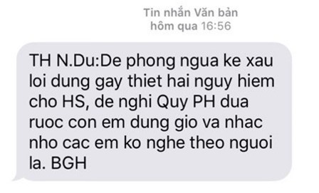 Tin nhắn Ban giám hiệu Trường Tiểu học Nguyễn Du gửi đến phụ huynh để cùng cảnh giác.