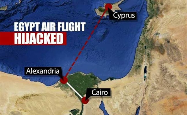  Máy bay thực hiện lộ trình từ Alexandria tới Cairo đã bị khống chế hạ cánh xuống đảo Síp (Đồ họa: AP) 
