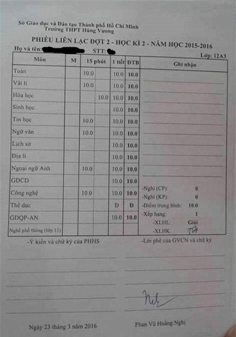 Bảng điểm toàn điểm 10 của một học sinh mà trường THPT Hùng Vương tự cho vì ưu ái học sinh thi học sinh giỏi