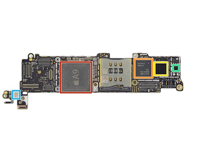 Vi xử lý A9 + 2GB RAM LPDDR4, chip Qualcomm MDM9625M LTE Modem, Qualcomm WTR1625L RF Transceiver, Qualcomm QFE1100 Envelope Tracking IC và Skyworks SKY77611 Quad-band Power Amplifier Module. Tất cả cái linh kiện này đều sở hữu từ iPhone 6 và 6S