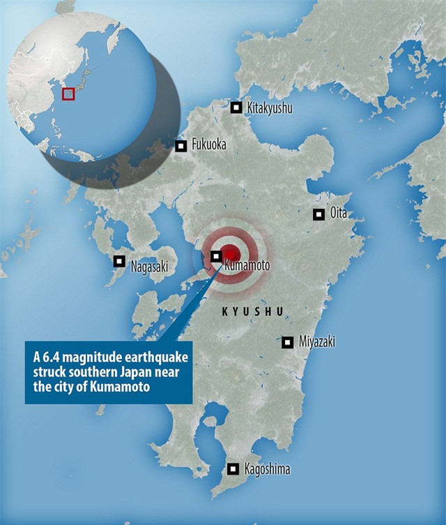 
Tâm chấn ở độ sâu khoảng 10km. Đây được đánh giá là trận động đất mạnh nhất ở Nhật Bản kể từ sau trận động đất lịch sử năm 2011 kéo theo sóng thần. (Ảnh: Dailymail)

