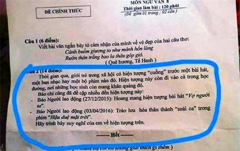 Đề thi Văn lớp 8 đưa hiện tượng Soái ca và bài hát Vợ người ta.