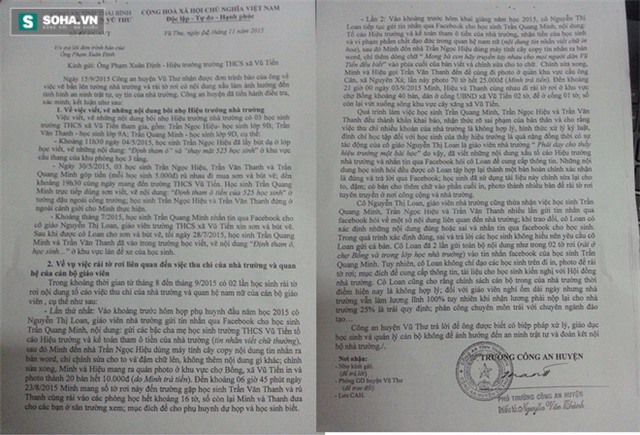  Kết luận của công an huyện Vũ Thư thể hiện rõ việc cô giáo Nguyễn Thị Loan có liên quan đến ba học sinh Hiệu, Minh, Thanh trong việc những em này xuyên tạc, vu khống thầy hiệu trưởng. 