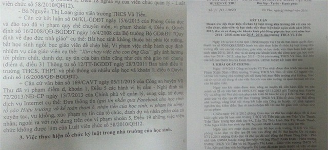 Nội dung kết luận của UBND huyện Vũ Thư (Thái Bình) liên quan đến cô giáo Nguyễn Thị Loan .