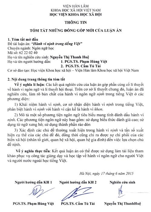 Ảnh tóm tắt luận án TS Hành vi nịnh trong tiếng Việt