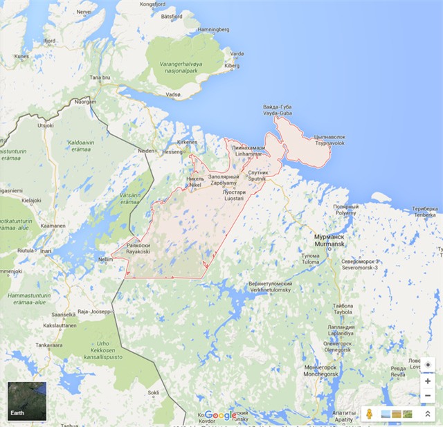 
Huyện Pechengsky (ranh giới màu đỏ). Ảnh: Google Earth.
