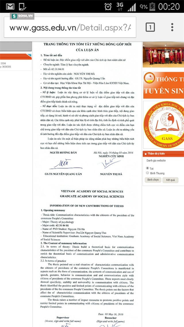 Bản tóm tắt bằng tiếng Việt và tiếng Anh luận án Đặc điểm giao tiếp với dân của Chủ tịch UBND xã được công khai trên website của Học viện Khoa học xã hội, có nhiều sai sót về tiếng Anh.