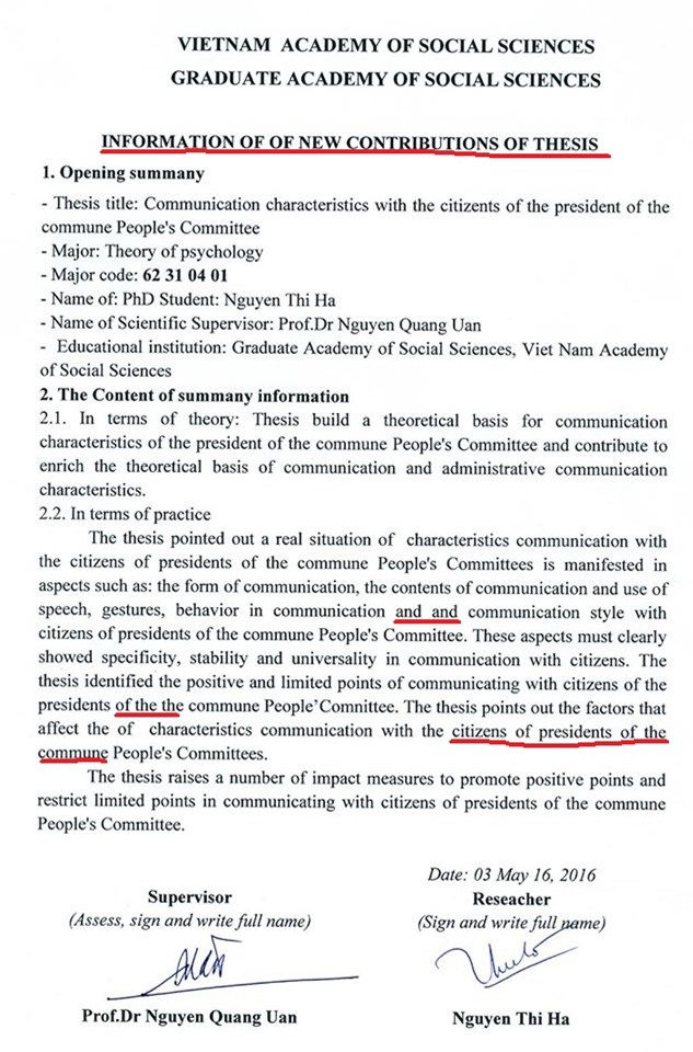 Không khó để tìm ra những lỗi sơ đẳng trong bản tóm tắt bằng tiếng Anh của luận án tiến sĩ này.