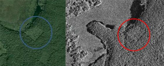 Hình ảnh chụp từ vệ tinh so sánh với ảnh chụp của Google Earth cho thấy kết cấu nhân tạo dưới tán lá rừng.