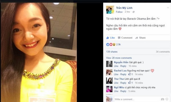 Chia sẻ của Trần Mỹ Linh sau khi có vinh dự tặng hoa chào mừng Tổng thống Mỹ Obama