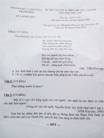 đề thi Văn, đề thi vào lớp 10 chuyên, trường chuyên Lam Sơn, trường phổ thông năng khiếu