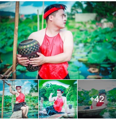 Sửng sốt chàng trai mặc yếm lộ lưng trần bên hoa sen - Ảnh 1.