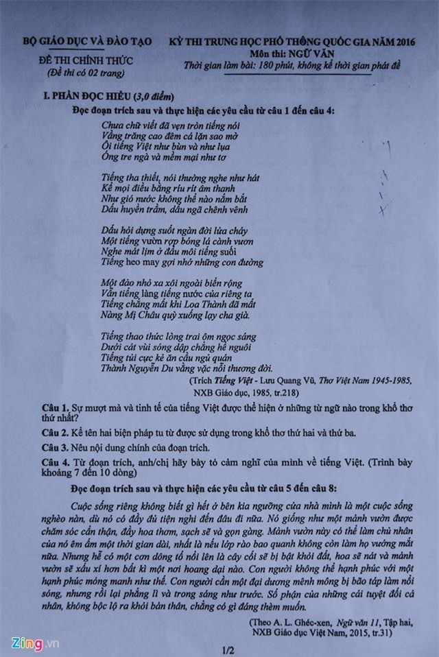 Bai giai, de thi mon Ngu van THPT quoc gia 2016 hinh anh 1
