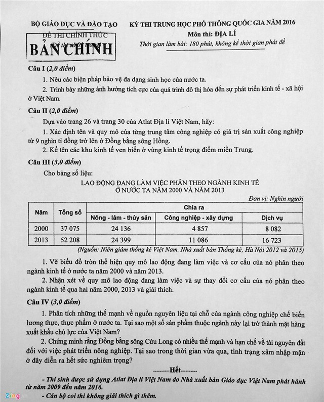 Bai giai, de thi mon Dia ly THPT quoc gia 2016 hinh anh 1