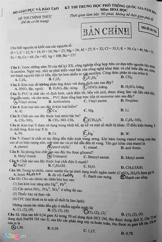 Bai giai, de thi mon Hoa hoc THPT quoc gia 2016 hinh anh 2