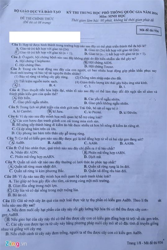 Bai giai, de thi mon Sinh hoc THPT quoc gia 2016 hinh anh 2