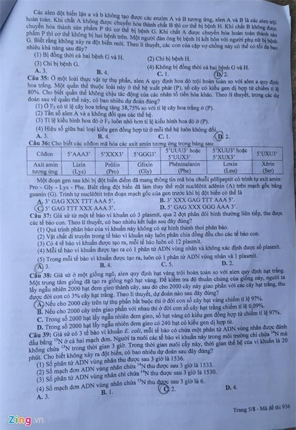 Bai giai, de thi mon Sinh hoc THPT quoc gia 2016 hinh anh 6