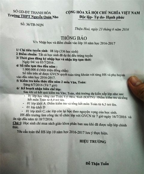 Thông báo của trường THPT Nguyễn Quán Nho gửi đến học sinh và yêu cầu đóng tiền tạm thu khi đến nhận lớp