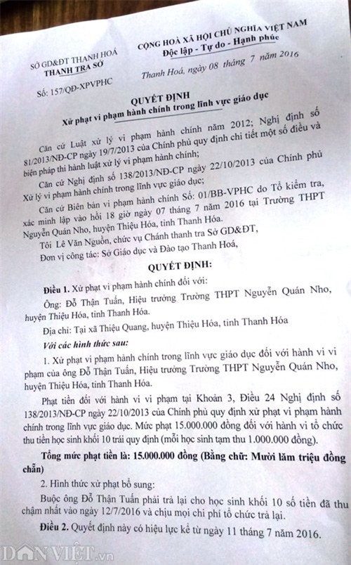 thu tien trai quy dinh, hieu truong bi phat 15 trieu dong hinh anh 1