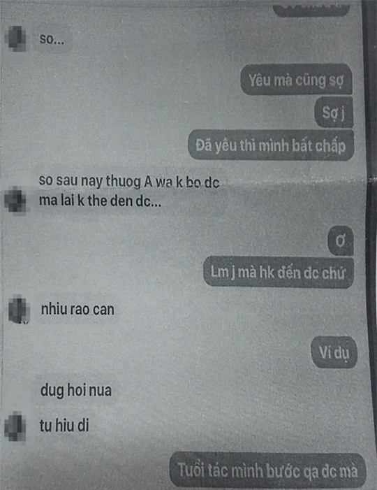 Một đoạn tin nhắn được cho là của cô N. và em A. mà đơn thư của phụ huynh cung cấp.