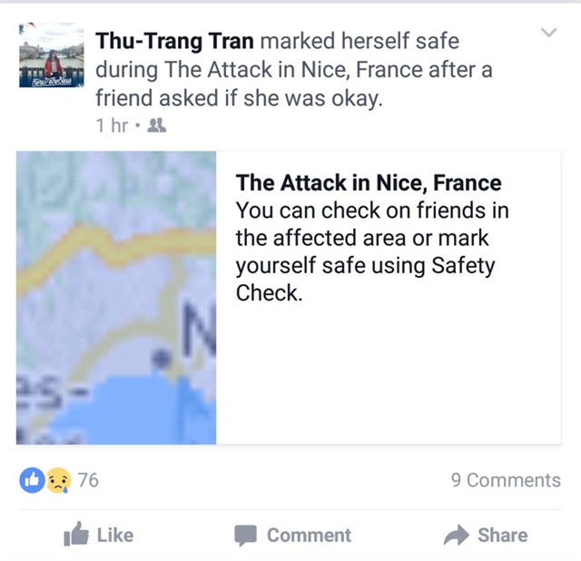 
Nữ du học sinh Việt Thu Trang chọn Im safe để thông báo tình hình với gia đình, bạn bè, người thân.
