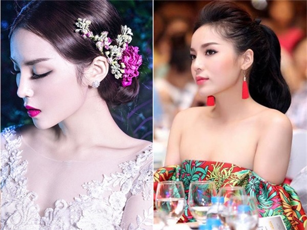 Cùng một góc chụp nhưng màu son thay đổi, bàu mắt trang điểm sắc nét, mái tóc được vấn cao cầu kì khiến Kỳ Duyên kiêu sa, yểu điệu hơn hẳn bình thường.