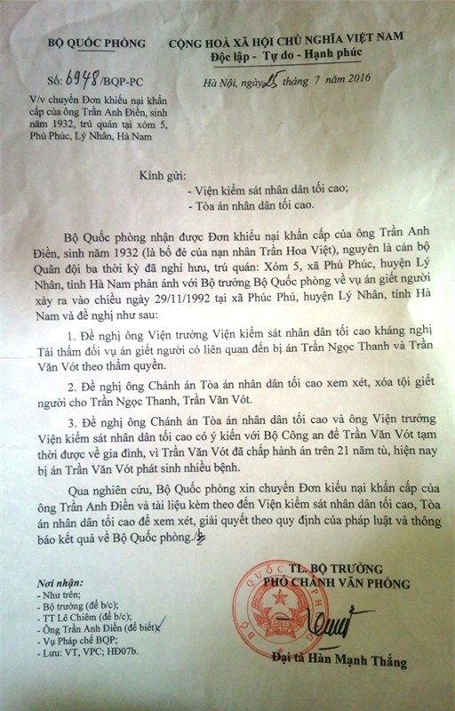 Bộ Quốc phòng đã chuyển đơn khiếu nại của ông Trần Văn Điền đến VKSND Tối cao và TAND Tối cao để xem xét theo thẩm quyền