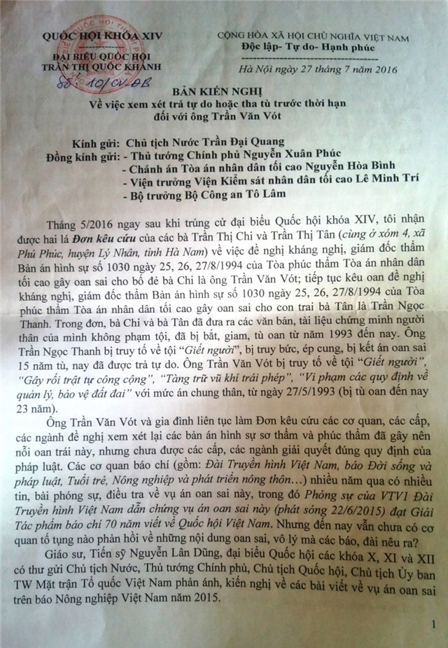 Bản kiến nghị của đại biểu Quốc hội Trần Thị Quốc Khánh gửi gửi chánh án TAND Tối cao và viện trưởng VKSND Tối cao yêu cầu hai cơ quan này xem xét lại vụ án