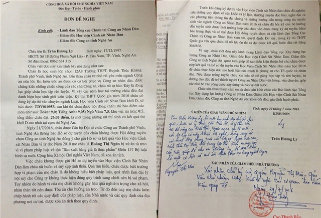 Ngày 29/7/2016, em Trần Hương Ly đã viết một lá đơn đề nghị gửi: Lãnh đạo Tổng cục Chính trị Công an Nhân dân, Giám đốc Học viện Cảnh sát Nhân dân, Giám đốc CA tỉnh Nghệ An để “kêu cứu”.