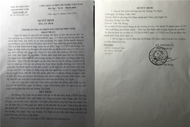 Quyết định xóa án tích của bà Ngân được TAND TP Vinh thực hiện vào ngày 1/4/2016.