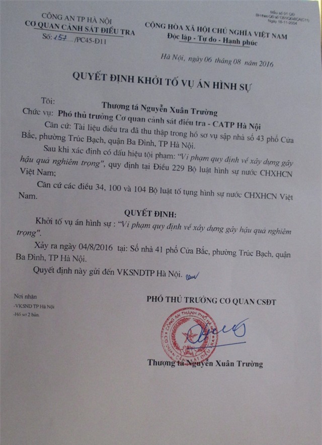 Khởi tố vụ án hình sự vụ sập nhà số 43 Cửa Bắc làm 2 người chết - Ảnh 1.