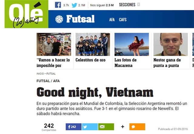 Bao the thao hang dau Argentina ca ngoi DT futsal Viet Nam hinh anh 1