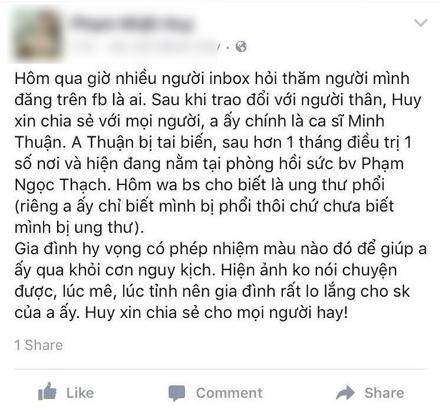 Ca sĩ Minh Thuận bị ung thư phổi, hiện đang tai biến, lúc mê lúc tỉnh - Ảnh 3.