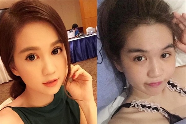 Ngọc Trinh luôn được biết đến với hình ảnh gợi cảm cùng đôi mắt ngây thơ, to tròn đen láy. Đúng thật là người đẹp sở hữu đôi mắt đen và rất sáng nhưng để có được nét long lanh và to tròn cũng phải nhờ cậy vào kính áp tròng. Khi không trang điểm (ảnh phải) trông gương mặt của Ngọc Trinh mờ nhạt, có phần thiếu sức sống khác hẳn với một Ngọc Trinh trong trẻo, ngây thơ với đôi mắt tròn đeo lens đen láy (ảnh trái). - Tin sao Viet - Tin tuc sao Viet - Scandal sao Viet - Tin tuc cua Sao - Tin cua Sao