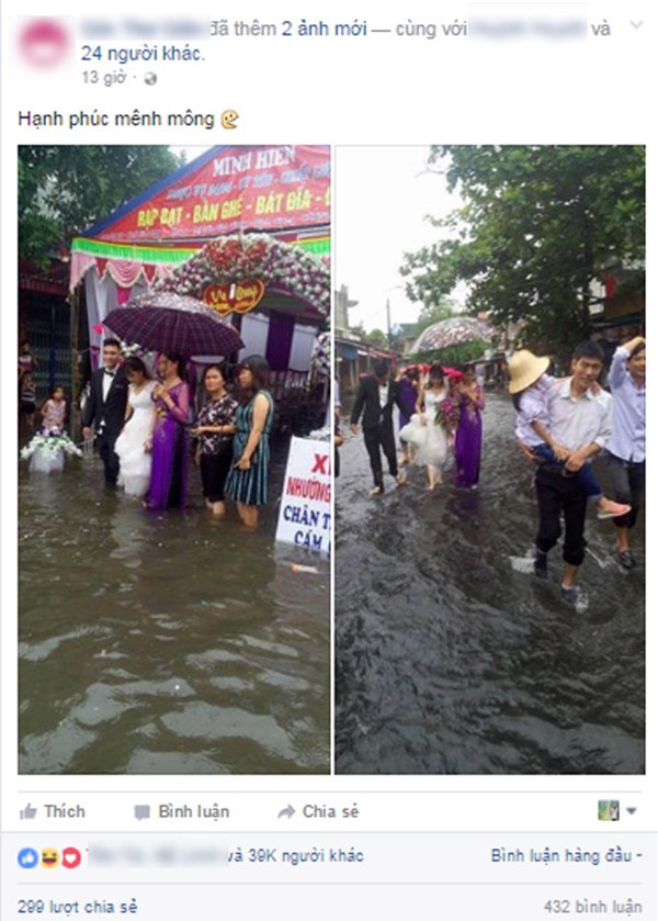 Hình ảnh đám cưới trong mưa lũ được chia sẻ trên mạng xã hội