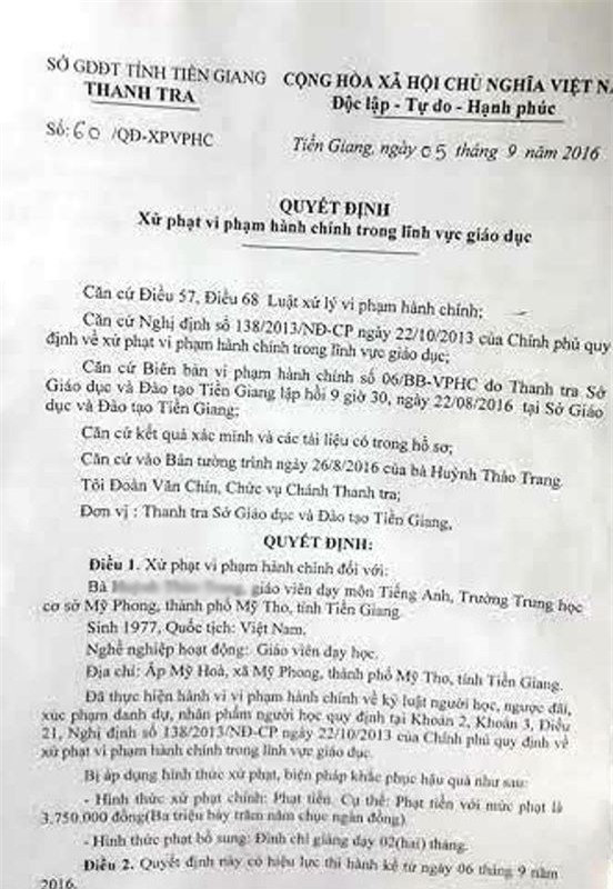 Quyết định xử phạt hành chính và đình chỉ dạy 2 tháng với cô H.H.Tr. của Thanh tra Sở GD-ĐT tỉnh Tiền Giang.
