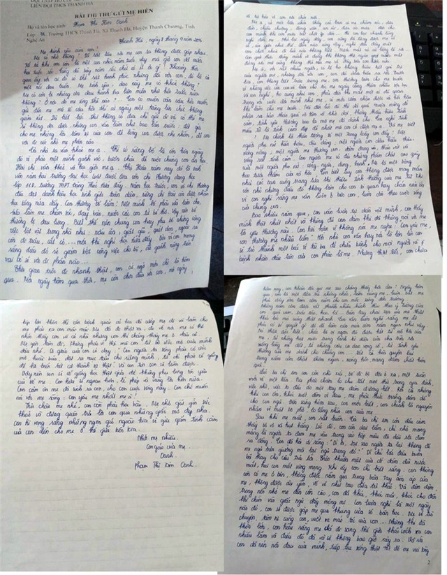  Bức thư dài 4 trang của em Phạm Thị Kim Oanh, học sinh lớp 7, Trường THCS xã Thanh Hà, huyện Thanh Chương, Nghệ An viết gửi mẹ của mình đã mất. 