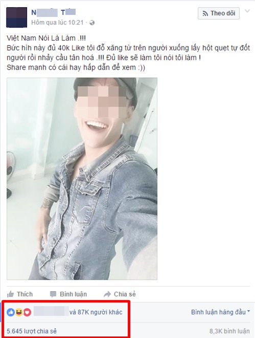 Nam thanh niên tuyên bố tẩm xăng tự thiêu nếu... đủ like - Ảnh 1.