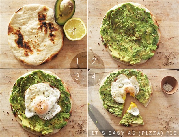 Pizza bơ trứng: Trét bơ nghiền lên miếng bánh mì mỏng, thêm chút nước cốt chanh, dầu olive, muối, tiêu, ớt khô, bột cumin và một quả trứng ốp lếp, vậy là ta có được một chiếc pizza đặc biệt.