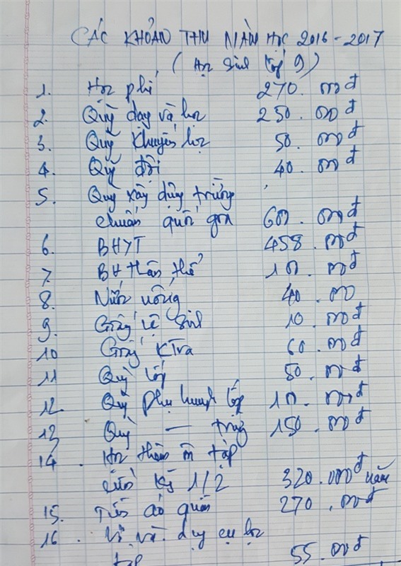 Danh mục các khoản thu do nhà trường đặt ra (Ảnh do phụ huynh cung cấp).