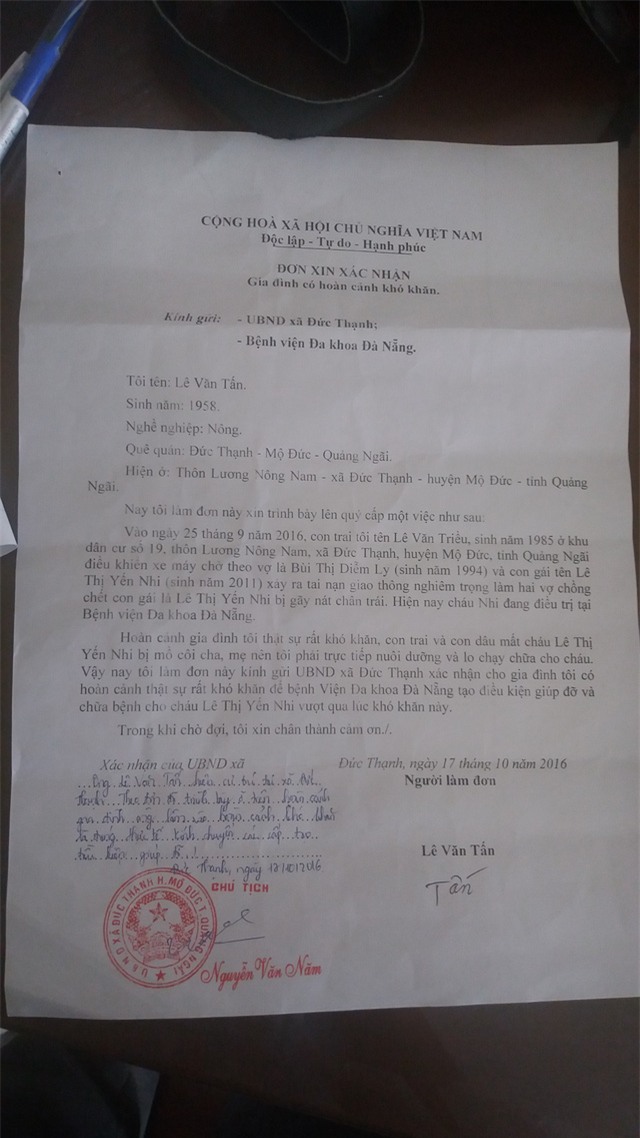 Xác nhận của UBND xã Đức Thạnh về hoàn cảnh gia đình cháu Yến Nhi