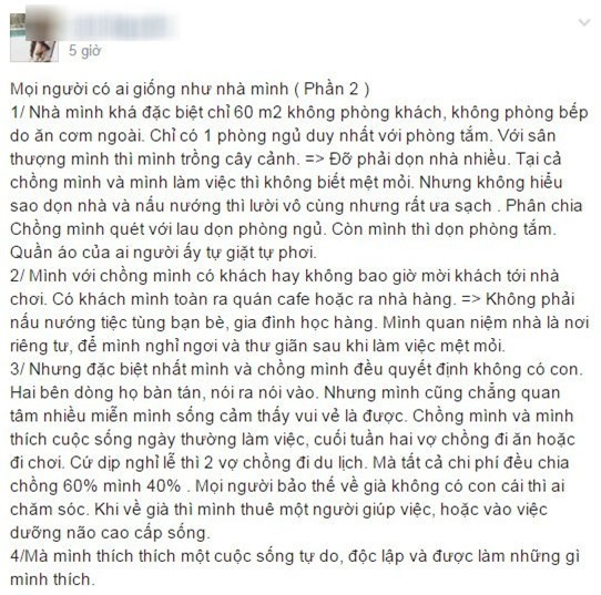 Cô vợ trẻ quyết không có con, quần áo ai người ấy giặt và tất cả chi phí đều chia “chồng 6 mình 4” gây tranh cãi