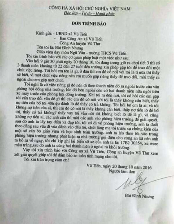 Đơn trình báo của thầy Bùi Đình Nhưng