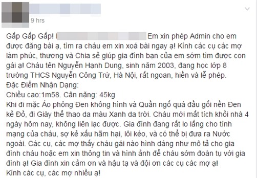 Gia đình kêu gọi cư dân mạng tìm nữ sinh lớp 8 ở Hà Nội mất tích sau khi đi ăn với bạn - Ảnh 1.