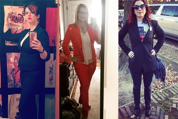 Phụ nữ Mỹ mặc âu phục đi bầu cử để thể hiện sự ủng hộ với bà Hillary Clinton. Ảnh: Instagram